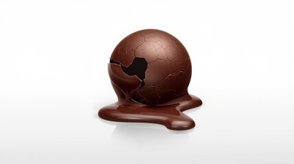 Fototapeta premium Melting chocolate sphere with delicate cracks on white background cracked and dripping