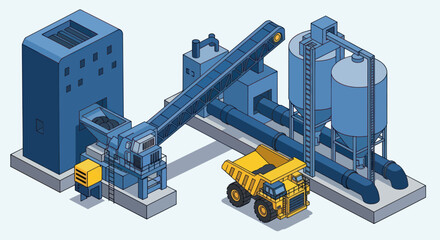 Industrial mining equipment with dump truck and processing plant isometric view. © Fais