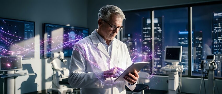 Senior Caucasian male scientist in white lab coat using digital tablet in modern laboratory with city skyline view at night, conducting research analysis.