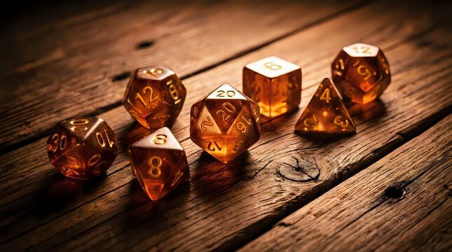 Amber translucent polyhedral dice set with white numbers on rustic wooden table surface for tabletop gaming and role-playing adventures.