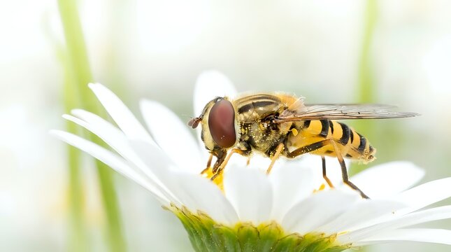 Hoverfly with striped yellow black body feeding on white daisy flower petals in soft natural garden setting with green grass background.