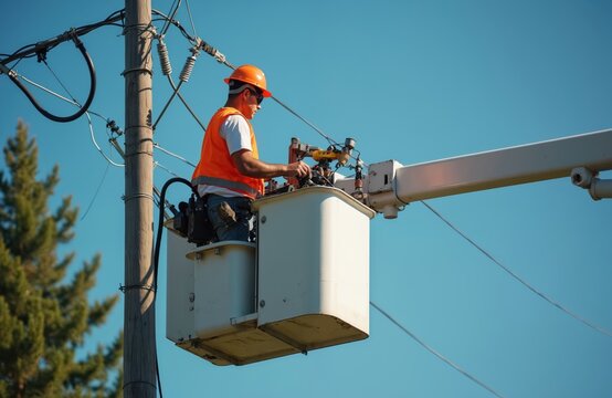 Utility worker in aerial bucket lifts up to fix wires on pole. Man wears safety vest and helmet. He uses tool to connect power lines, upgrading infrastructure for better telecom and internet.