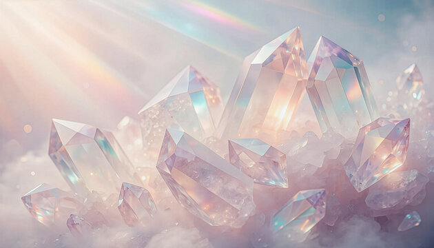 Crystal cluster background with iridescent prism light and rainbow flare　虹色の光とプリズムが反射する輝くクリスタルの抽象　イラスト