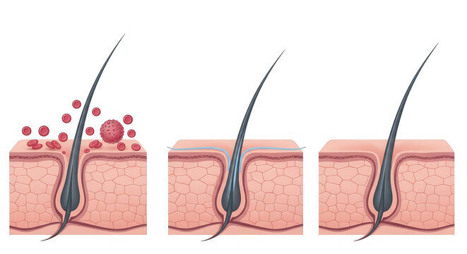 Inflammation and healing of acne on skin isolated on transparent background