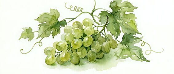 Obraz premium Fresh green grapes cluster with vine leaves and tendrils in watercolor style on white background for wine labels and organic food packaging design.