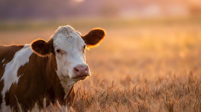 Young Holstein dairy cow calf standing in golden wheat field during warm sunset light creating peaceful rural farm scene for agricultural content.