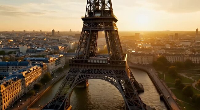 Eiffel Tower at Golden Hour with Paris Cityscape and Seine River Below 4k