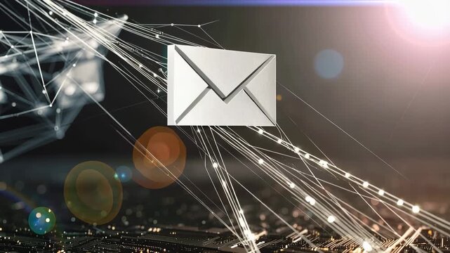 Digital Communication: A gleaming envelope, a universal symbol of connection, floats amidst a dynamic network of digital pathways, symbolizing the ease and speed of modern communication. 