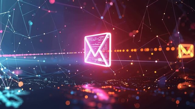 Digital Communication Network: A glowing neon envelope icon symbolizes digital communication, interconnected by a vibrant network of glowing lines and nodes against a dark, futuristic backdrop.