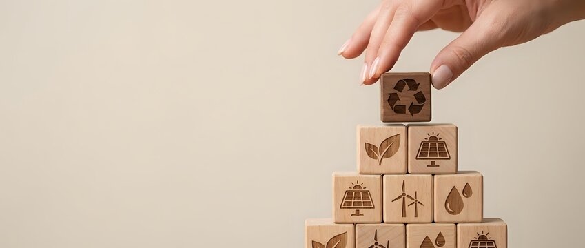 Hand placing wooden cube with recycling symbol on pyramid of eco-friendly blocks featuring sustainability icons on neutral background.