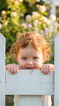 Adorable toddler with curly blonde hair peeking over white wooden fence in sunny garden setting with natural bokeh background for family content.