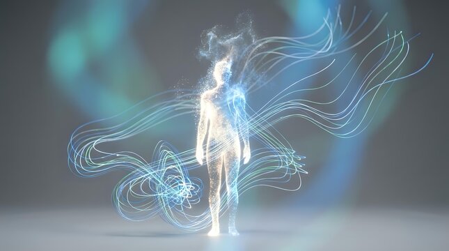 Glowing ethereal female figure with flowing energy streams and light trails on gradient background for spiritual and metaphysical concepts.