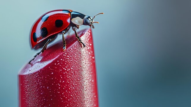 Red ladybug beetle crawling on water droplet covered cherry fruit surface with morning dew macro photography nature close-up insect garden fresh organic.