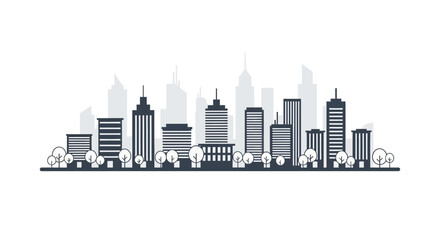 Fototapeta premium Cityscape illustration shows a daytime view of buildings and trees.