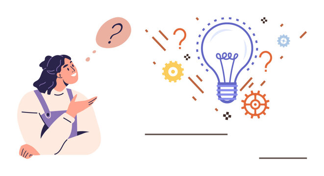 Creativity, problem solving, innovation, brainstorming, curiosity, decision making. A woman thinking with question marks, a lightbulb and gears. Creativity and problem solving concepts
