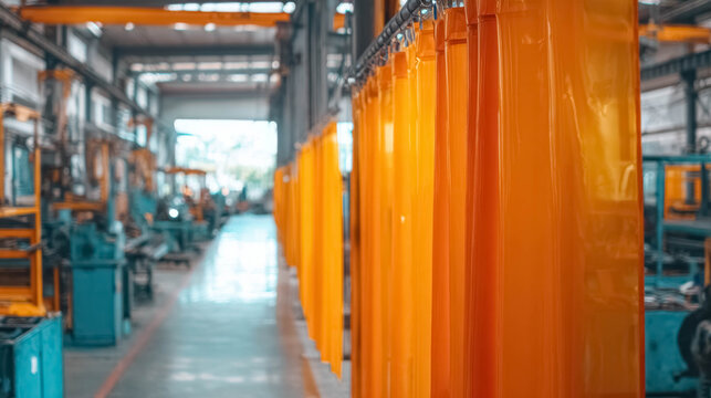 Industrial welding safety curtains hanging in factory workshop
