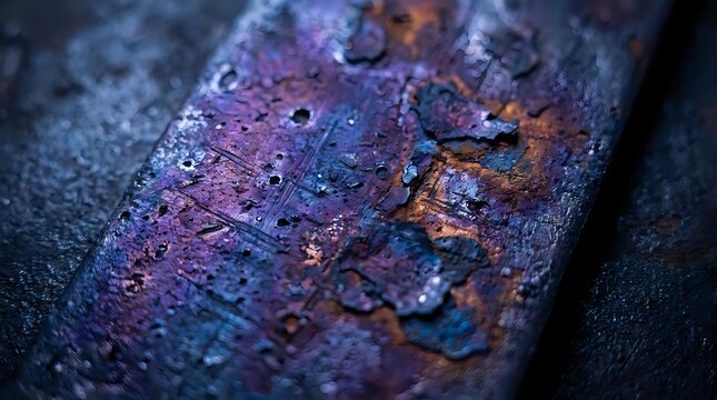 Rusty metal surface with vibrant purple and blue oxidation patterns showing weathered industrial texture and corrosion details.