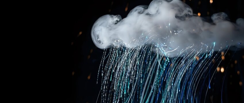 Dramatic storm cloud with heavy rainfall and lightning effects against dark background. Weather phenomenon concept for meteorology and climate studies.