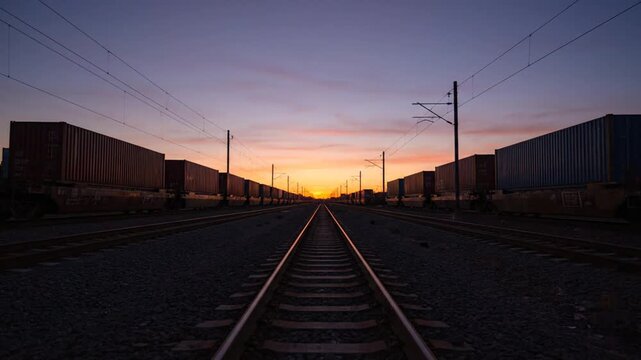 Railroad tracks leading to sunset with cargo containers transportation concept