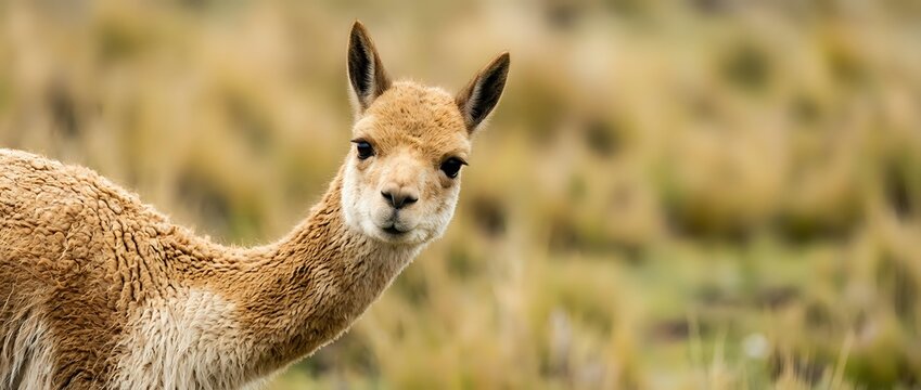 Young vicu&ntilde;a calf with soft golden fur standing in natural grassland habitat. Wildlife photography showcasing South American camelid in pastoral setting.