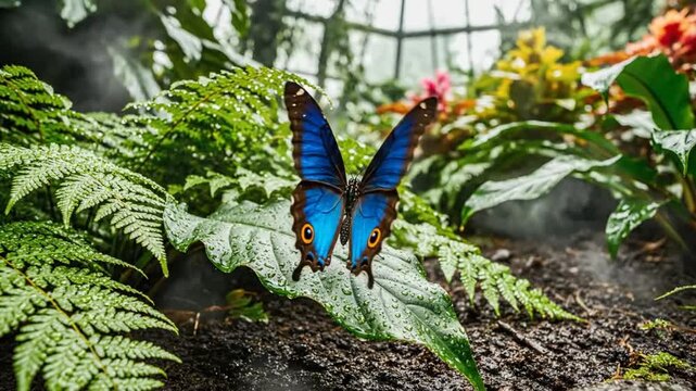 Mesmerizing close up of a beautiful blue morpho butterfly opening its wings in a lush tropical garden