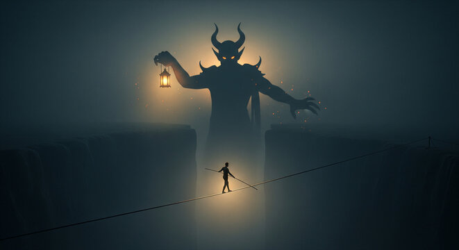 A human walking a tightrope guided by the lantern of their own massive demonic shadow, a metaphor for using inner darkness as a guiding light.