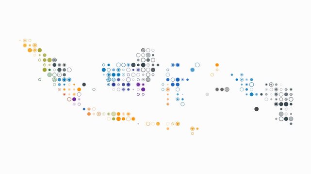 Indonesia map animation. Shape of the country with pulsating colored dots. Small size circle blocks. Digital style Indonesia map on white background. Abstract video.
