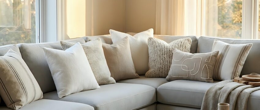 Modern gray sectional sofa with neutral throw pillows in bright living room with large windows. Contemporary home interior design for relaxation and comfort.