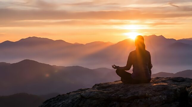Person meditating on mountain peak at sunrise with layered mountain ranges and golden sky creating peaceful mindfulness scene for wellness content.