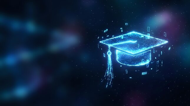 Digital graduation cap hologram floating in space with glowing blue particles and network connections representing online education and academic achievement.