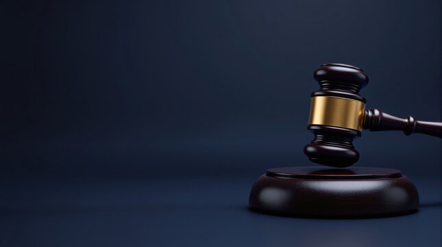  Close-up of a wooden judge gavel over a sound block on a dark navy blue background, concept of law, justice or auction with large copy space