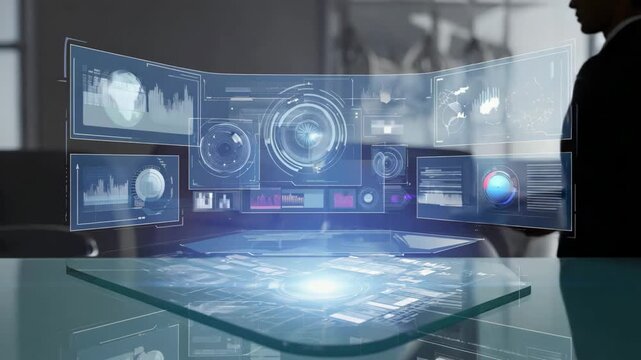 Interface elements appear on transparent display as user interacts with touch gestures on the glass surface