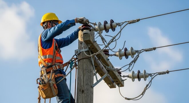 Professional Electrician Climbing a Utility Pole to Repair and Adjust Power Lines, Skilled Trade Certification and High Income Career