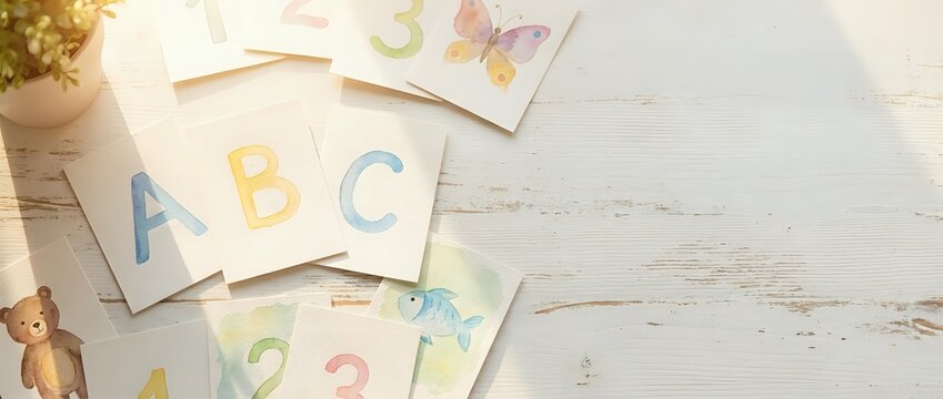 Colorful alphabet and number flashcards scattered on white wooden surface for early childhood education and learning activities.