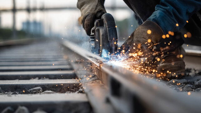 Worker welding light rail track with sparks on railway construction site