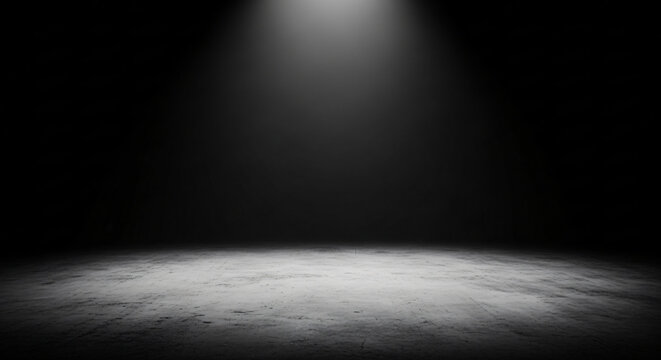 Empty dark stage with a single bright spotlight illuminating a concrete floor for product display or presentation background