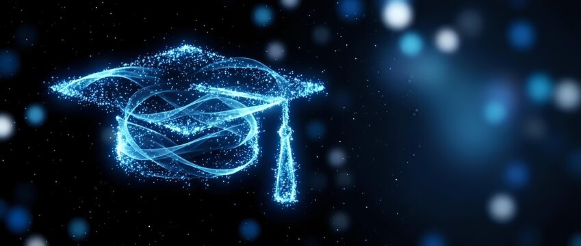 Digital graduation cap made of glowing blue particles and wireframe lines against dark background with bokeh lights for education technology concepts.