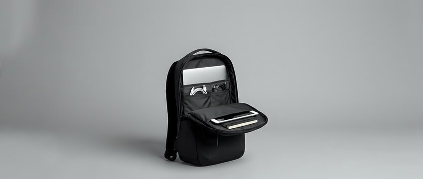 Modern black laptop backpack open displaying organized compartments for tech gear and accessories on neutral background for business travel.