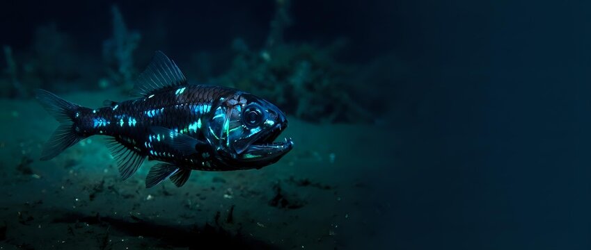 Deep sea bioluminescent fish with glowing blue patterns swimming in dark ocean depths. Mysterious marine creature with sharp teeth in underwater environment.