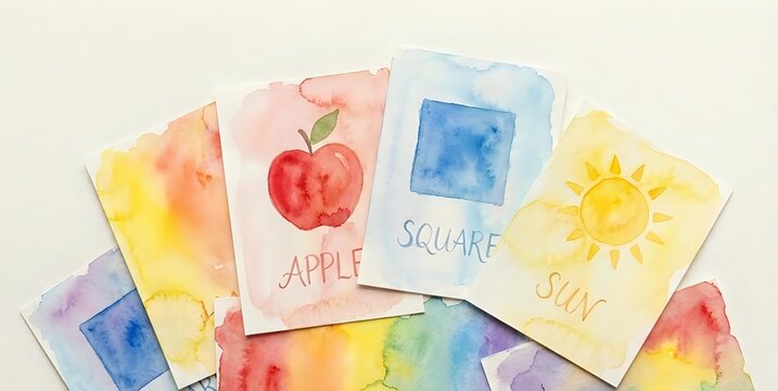 Watercolor educational flashcards showing apple, square and sun with colorful paint splashes on white background for early childhood learning materials.