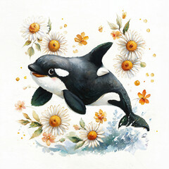 Naklejka premium Cute Orca with Daisies Impasto Oil Painting