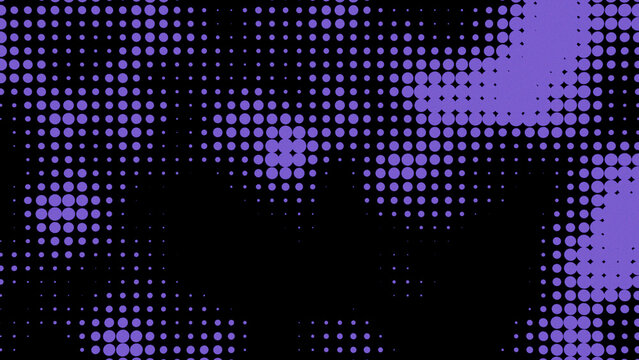 Violet halftone dot gradient field with pixel blocks and wide black negative space abstract texture