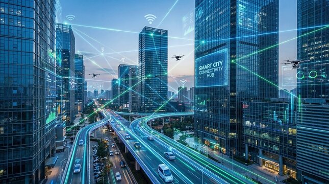 Smart City: A vibrant cityscape pulses with innovation, showcasing the seamless integration of technology in modern urban life, where networks connect everything from transportation to communication.