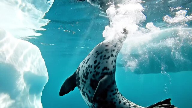 Leopard Seal Swimming Underwater Near Iceberg in Antarctica