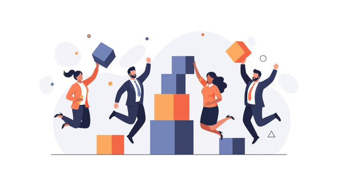 Teamwork success: business people jumping with joy building blocks, teamwork, collaboration