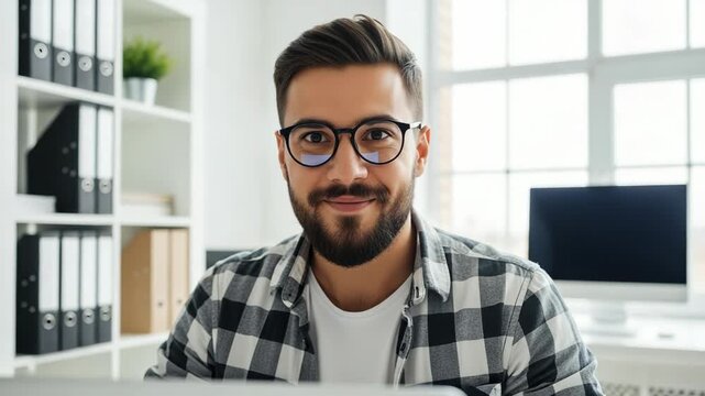 Man working on laptop in a modern office setting