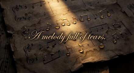 Obraz premium Water droplets forming musical notes on dark vintage sheet music with a golden typography quote about a melody full of tears, symbolizing grief.