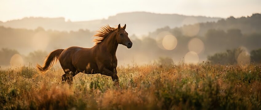 Brown horse galloping through golden meadow at sunset with flowing mane and dramatic backlighting creating warm atmospheric glow across pastoral landscape.