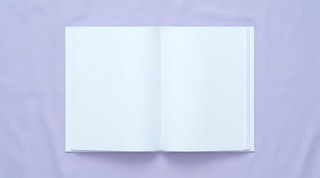 Open blank book with empty white pages on purple background, mockup template for publishing, education, reading and literature projects.