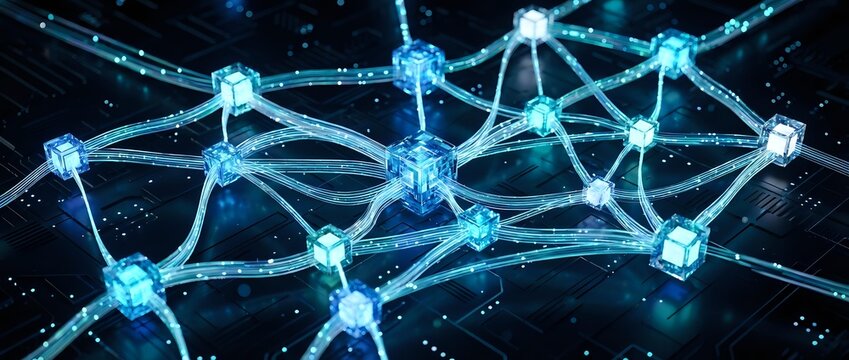 Digital network connections with glowing nodes and data streams representing blockchain technology, cryptocurrency mining, and modern communication systems.